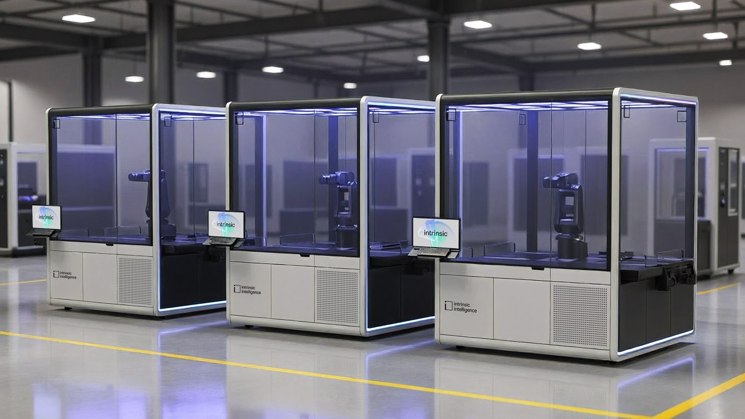 Intrinsic robotic workcell design concept showing three coordinated enclosures lined up on a factory floor
